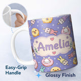 Personalized Custom Name Cute Bunny Donut Ice Cream Kawaii Dessert Seamless Pattern Purple 11oz Ceramic Coffee Tea Mug White Large Handle