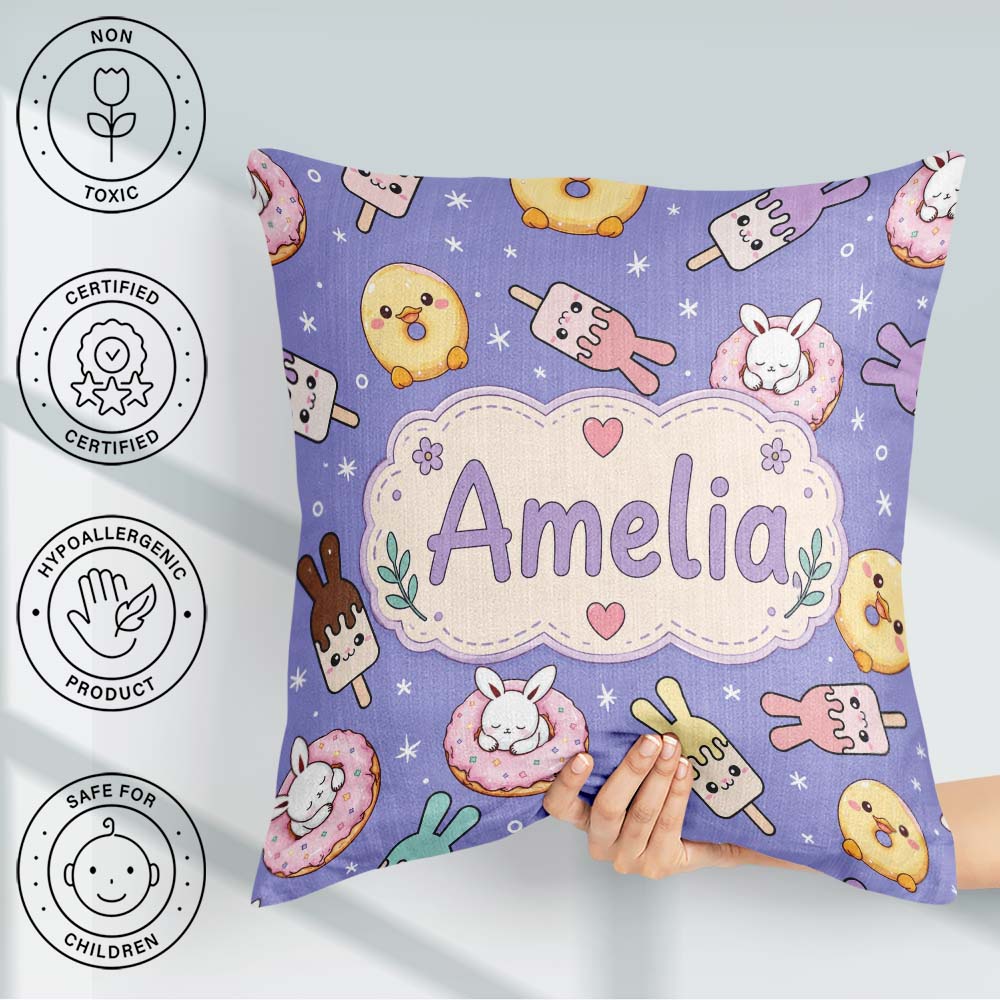 Custom Name Bunny Donut Ice Cream Kawaii Dessert Seamless Purple Square Filled Cushion Throw Pillow Sofa Bed Home Decor Zip Washable UK Made