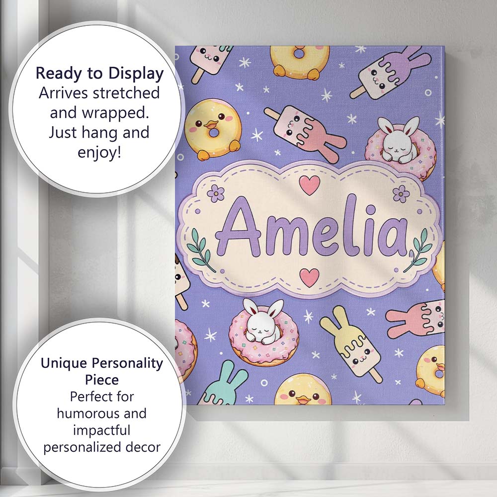 Personalised Name Cute Bunny Donut Ice Custom  Modern Room Accent Elegant Feature Canvas Wall Art Print Decor Picture Ready to Hang