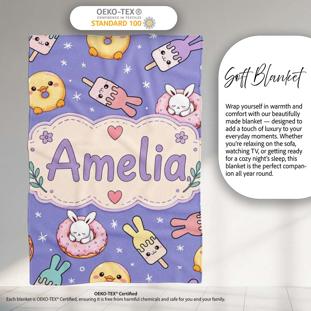 Cute Bunny Donut Ice Cream Kawaii Dessert Seamless Pattern Purple  Personalised Custom Name Super Soft Fleece Blanket Bed Sofa Throw