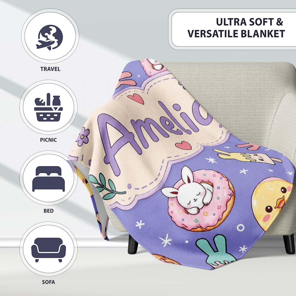 Cute Bunny Donut Ice Cream Kawaii Dessert Seamless Pattern Purple  Personalised Custom Name Super Soft Fleece Blanket Bed Sofa Throw
