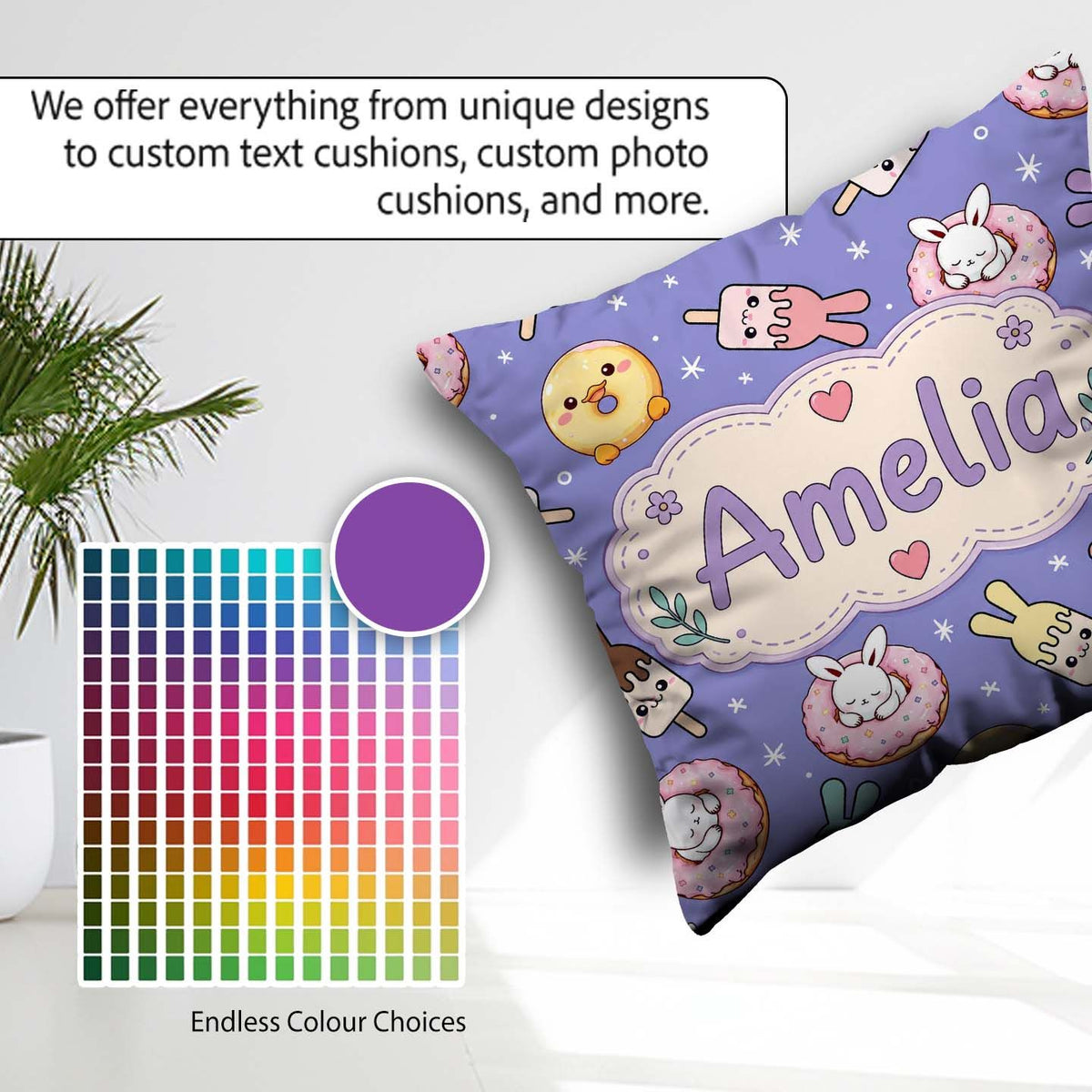 Custom Name Bunny Donut Ice Cream Kawaii Dessert Seamless Purple Square Filled Cushion Throw Pillow Sofa Bed Home Decor Zip Washable UK Made