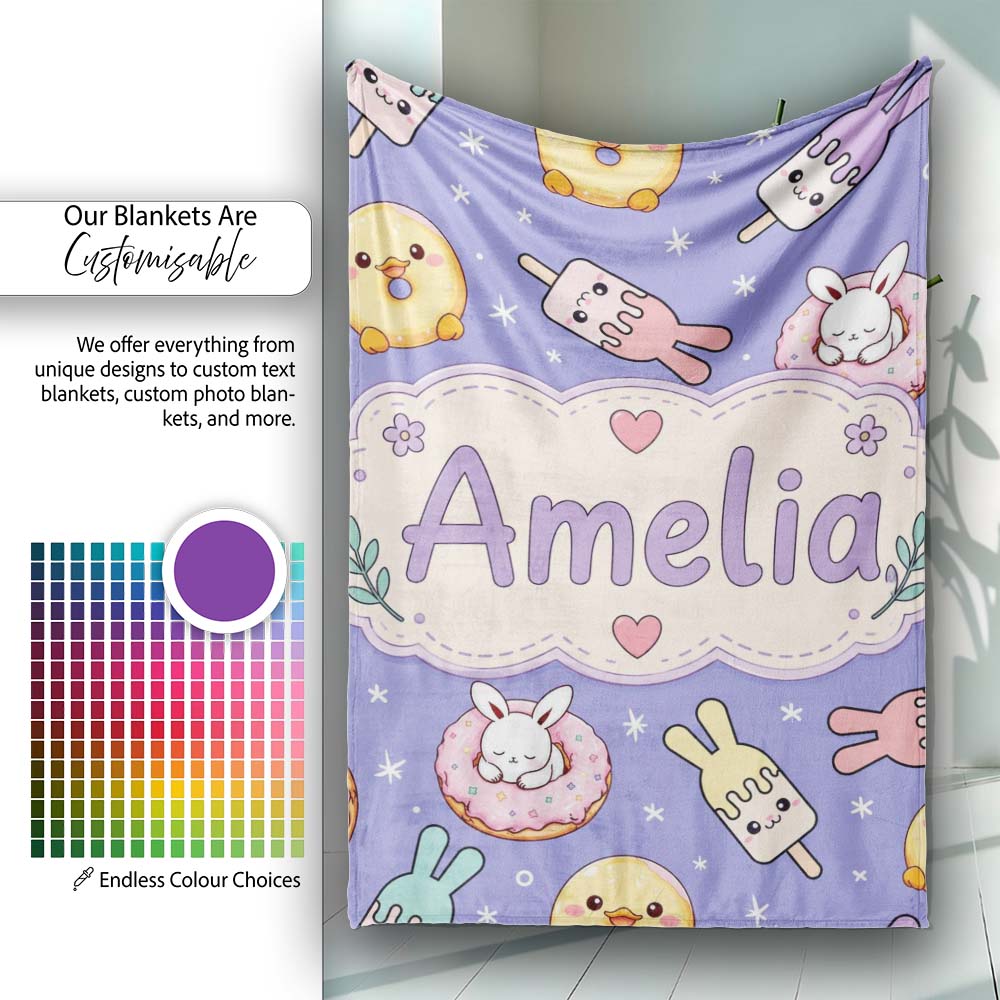 Cute Bunny Donut Ice Cream Kawaii Dessert Seamless Pattern Purple  Personalised Custom Name Super Soft Fleece Blanket Bed Sofa Throw