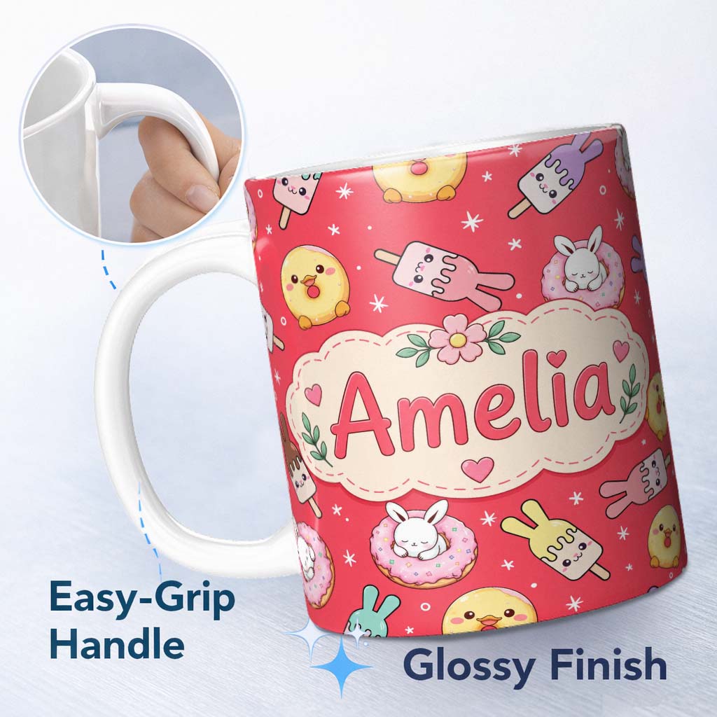 Personalized Custom Name Cute Bunny Donut Ice Cream Kawaii Dessert Seamless Pattern Red 11oz Ceramic Coffee Tea Mug White Large Handle