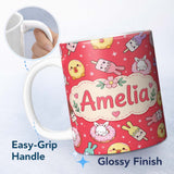 Personalized Custom Name Cute Bunny Donut Ice Cream Kawaii Dessert Seamless Pattern Red 11oz Ceramic Coffee Tea Mug White Large Handle