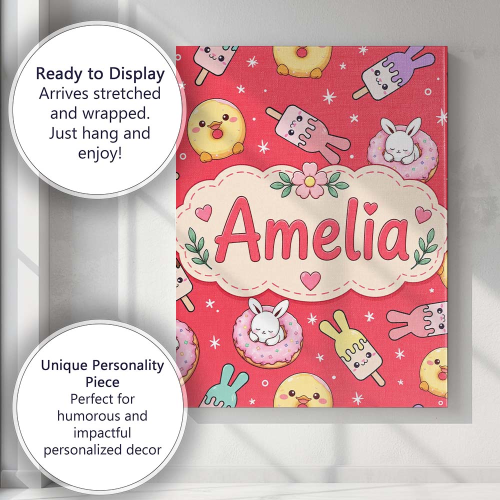 Personalised Name Cute Bunny Donut Ice Custom  Modern Room Accent Elegant Feature Canvas Wall Art Print Decor Picture Ready to Hang