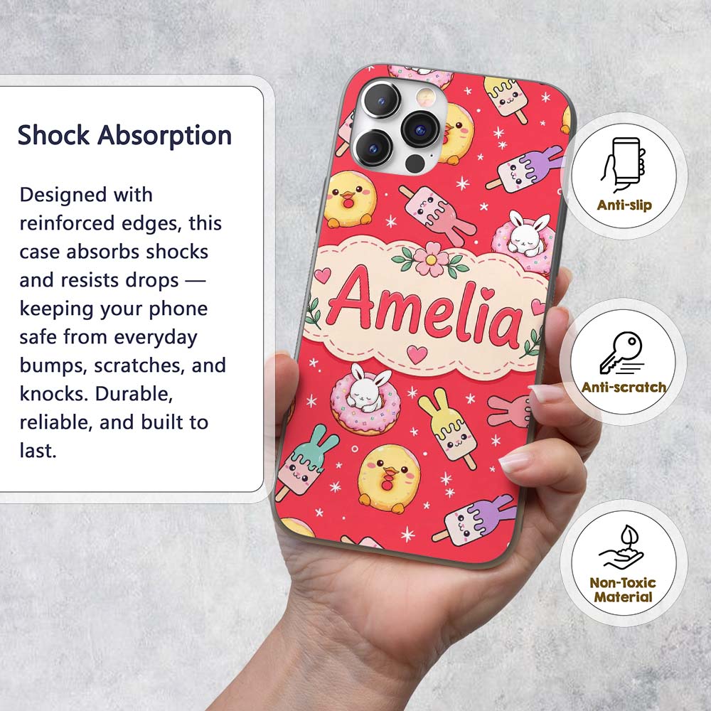 Cute Bunny Donut Ice Cream Kawaii Printed Design Custom Name Protective Phone Case Mobile Cover Durable Everyday Smartphone Shock Resistant