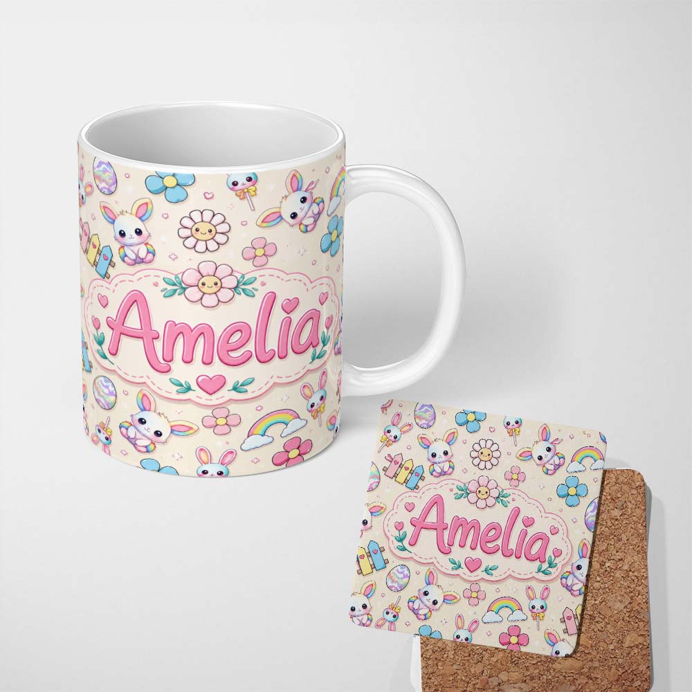 Personalized Custom Name Cute Rainbow Bunny Flower Easter Egg Seamless Pattern Cream 11oz Ceramic Coffee Tea Mug White Large Handle