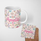 Personalized Custom Name Cute Rainbow Bunny Flower Easter Egg Seamless Pattern Cream 11oz Ceramic Coffee Tea Mug White Large Handle
