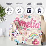 Cute Rainbow Bunny Flower Easter Egg Seamless Pattern Cream  Personalised Custom Name Super Soft Fleece Blanket Bed Sofa Throw