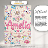 Cute Rainbow Bunny Flower Easter Egg Seamless Pattern Cream  Personalised Custom Name Super Soft Fleece Blanket Bed Sofa Throw