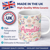 Personalized Custom Name Cute Rainbow Bunny Flower Easter Egg Seamless Pattern Cream 11oz Ceramic Coffee Tea Mug White Large Handle