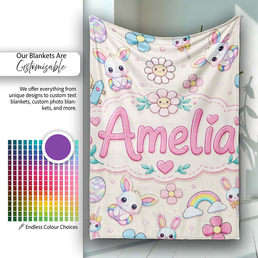 Cute Rainbow Bunny Flower Easter Egg Seamless Pattern Cream  Personalised Custom Name Super Soft Fleece Blanket Bed Sofa Throw