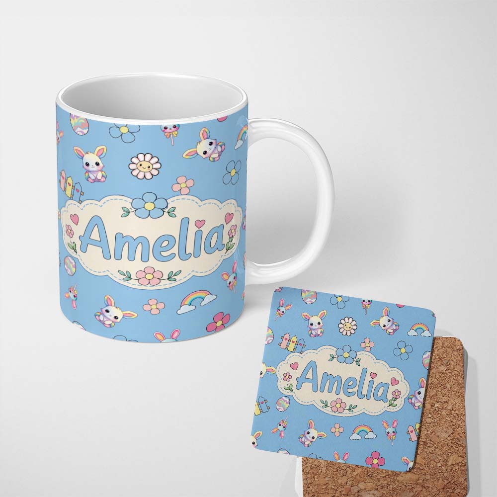 Personalized Custom Name Cute Rainbow Bunny Flower Easter Egg Seamless Pattern Blue 11oz Ceramic Coffee Tea Mug White Large Handle