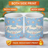Personalized Custom Name Cute Rainbow Bunny Flower Easter Egg Seamless Pattern Blue 11oz Ceramic Coffee Tea Mug White Large Handle