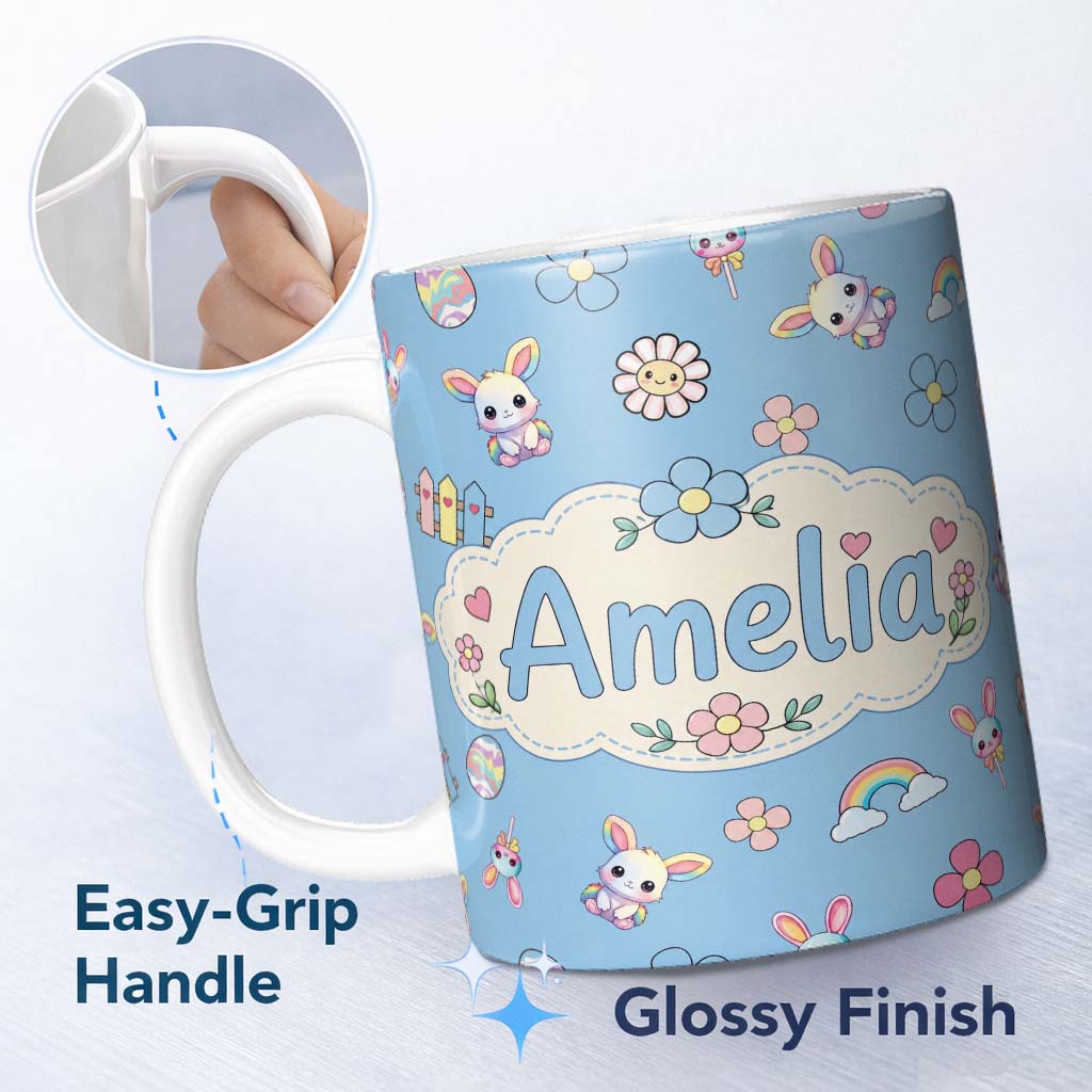 Personalized Custom Name Cute Rainbow Bunny Flower Easter Egg Seamless Pattern Blue 11oz Ceramic Coffee Tea Mug White Large Handle