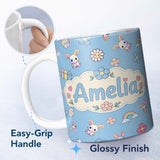 Personalized Custom Name Cute Rainbow Bunny Flower Easter Egg Seamless Pattern Blue 11oz Ceramic Coffee Tea Mug White Large Handle
