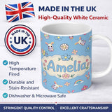 Personalized Custom Name Cute Rainbow Bunny Flower Easter Egg Seamless Pattern Blue 11oz Ceramic Coffee Tea Mug White Large Handle