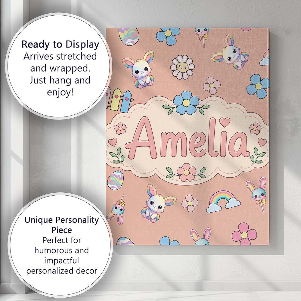 Personalised Name Cute Rainbow Bunny Flower Custom  Bespoke Interior Contemporary Canvas Wall Art Print Decor Picture Ready to Hang