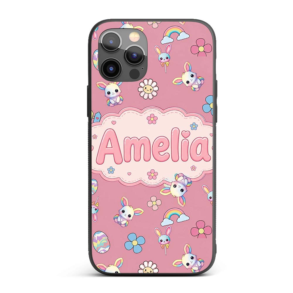 Cute Rainbow Bunny Flower Easter Egg Seamless Custom Name Protective Phone Case Mobile Cover Durable Everyday Smartphone Shock Resistant