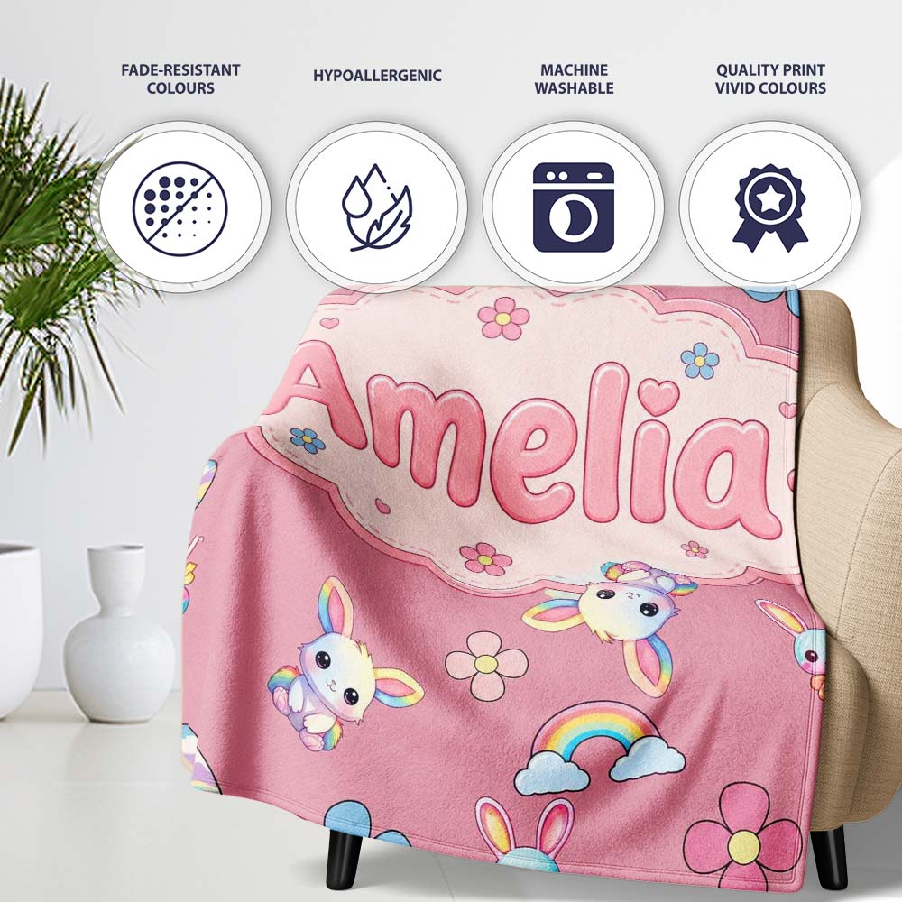 Cute Rainbow Bunny Flower Easter Egg Seamless Pattern Pink  Personalised Custom Name Super Soft Fleece Blanket Bed Sofa Throw