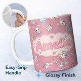 Personalized Custom Name Cute Rainbow Bunny Flower Easter Egg Seamless Pattern Pink 11oz Ceramic Coffee Tea Mug White Large Handle