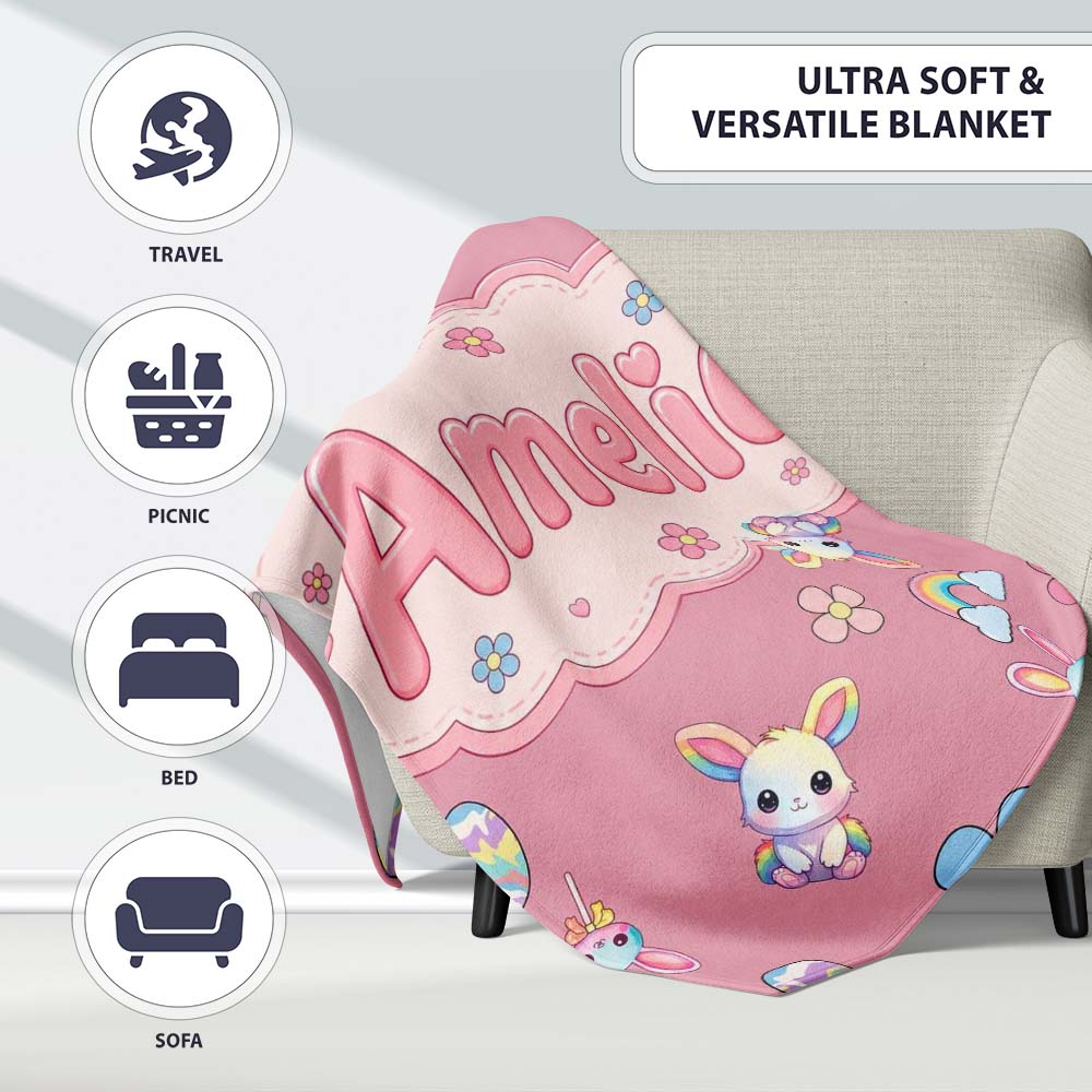 Cute Rainbow Bunny Flower Easter Egg Seamless Pattern Pink  Personalised Custom Name Super Soft Fleece Blanket Bed Sofa Throw