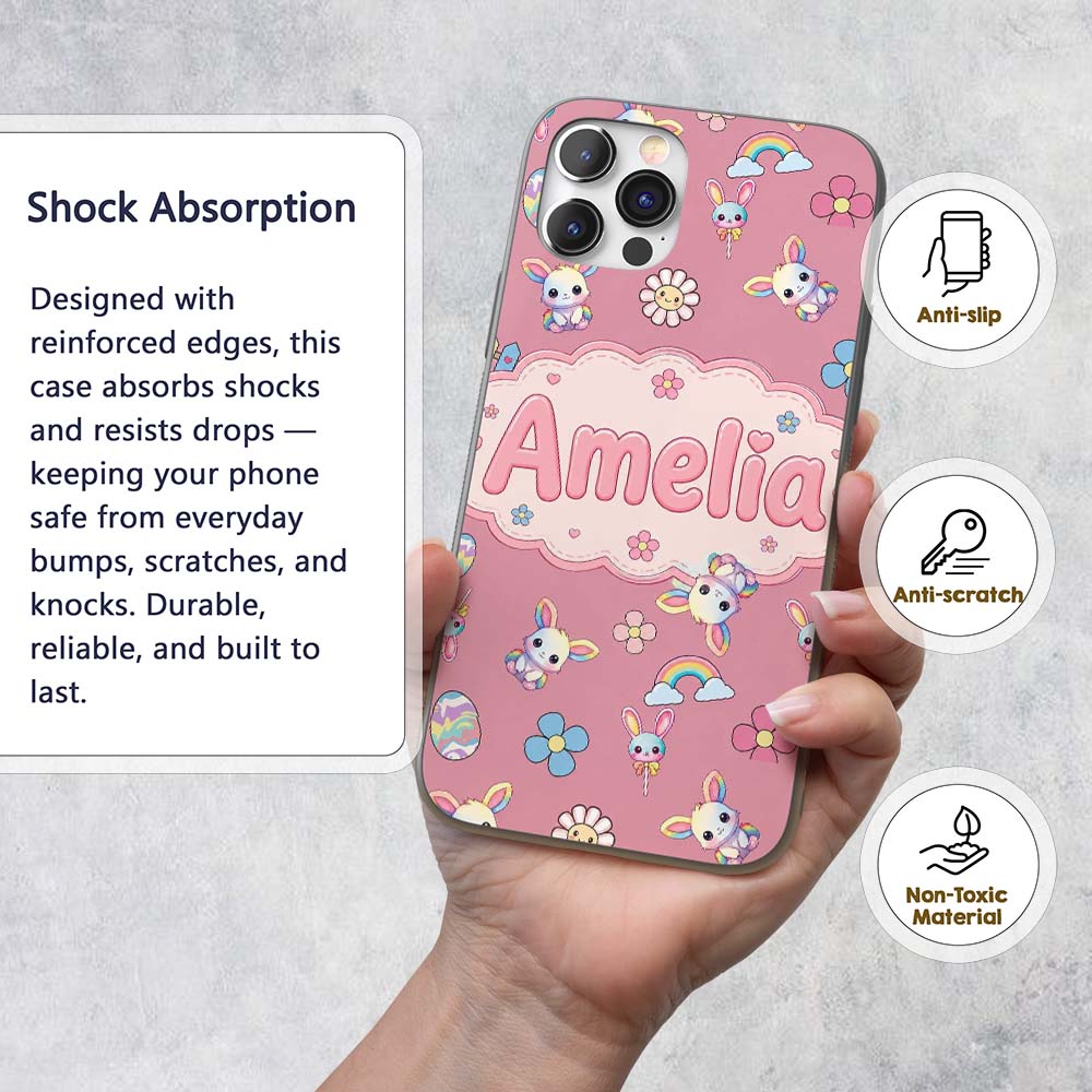 Cute Rainbow Bunny Flower Easter Egg Seamless Custom Name Protective Phone Case Mobile Cover Durable Everyday Smartphone Shock Resistant