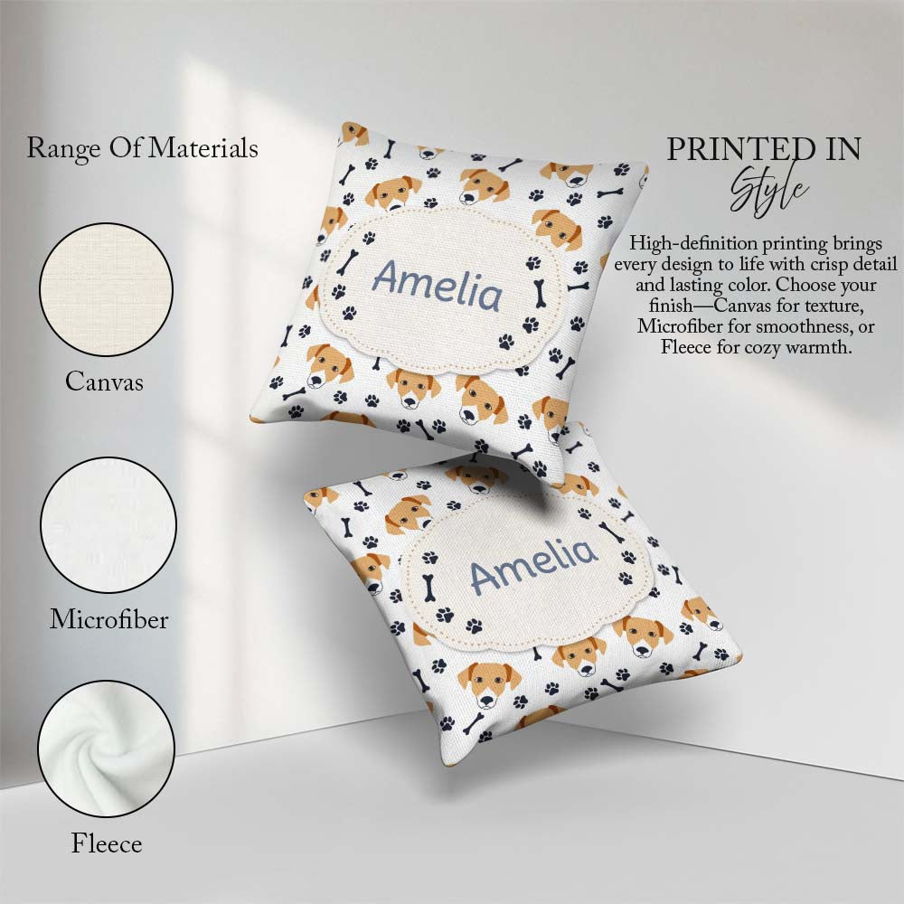 Custom Name Dog Faces Paw Prints Bones White Background Seamless Square Filled Cushion Throw Pillow Sofa Bed Home Decor Zip Washable UK Made