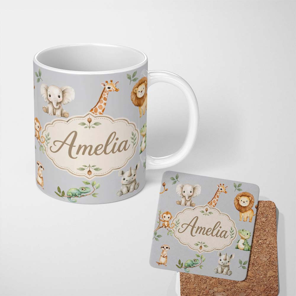 Personalized Custom Name Safari Animals with Elephant Lion and Crocodile on Cool Grey Lovely 11oz Ceramic Coffee Tea Mug White Large Handle