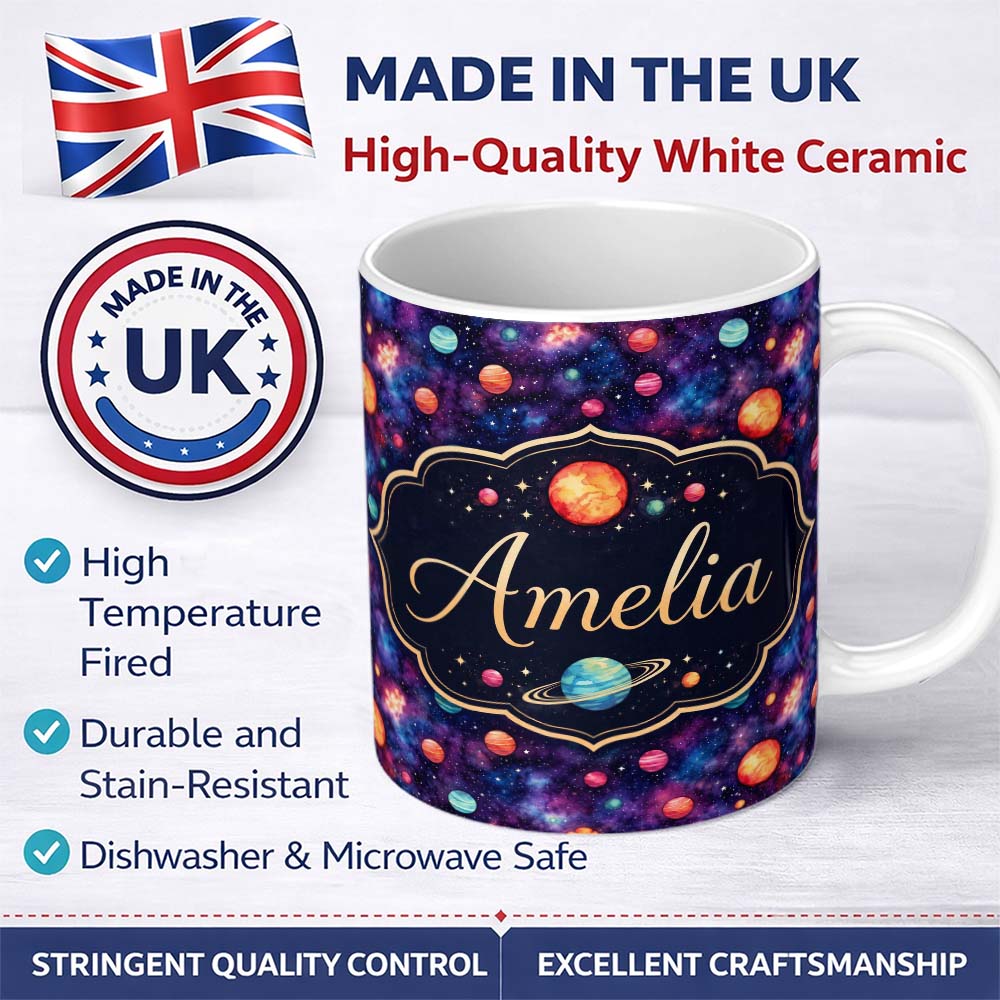 Personalized Custom Name Colorful Cartoon Planets Galaxy Purple Space Seamless Pattern Fun 11oz Ceramic Coffee Tea Mug White Large Handle