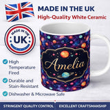 Personalized Custom Name Colorful Cartoon Planets Galaxy Purple Space Seamless Pattern Fun 11oz Ceramic Coffee Tea Mug White Large Handle