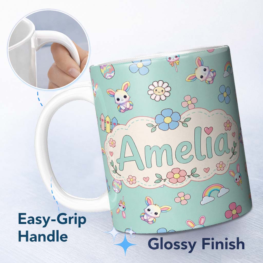Personalized Custom Name Cute Rainbow Bunny Flower Easter Egg Seamless Pattern Mint Green 11oz Ceramic Coffee Tea Mug White Large Handle