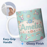 Personalized Custom Name Cute Rainbow Bunny Flower Easter Egg Seamless Pattern Mint Green 11oz Ceramic Coffee Tea Mug White Large Handle