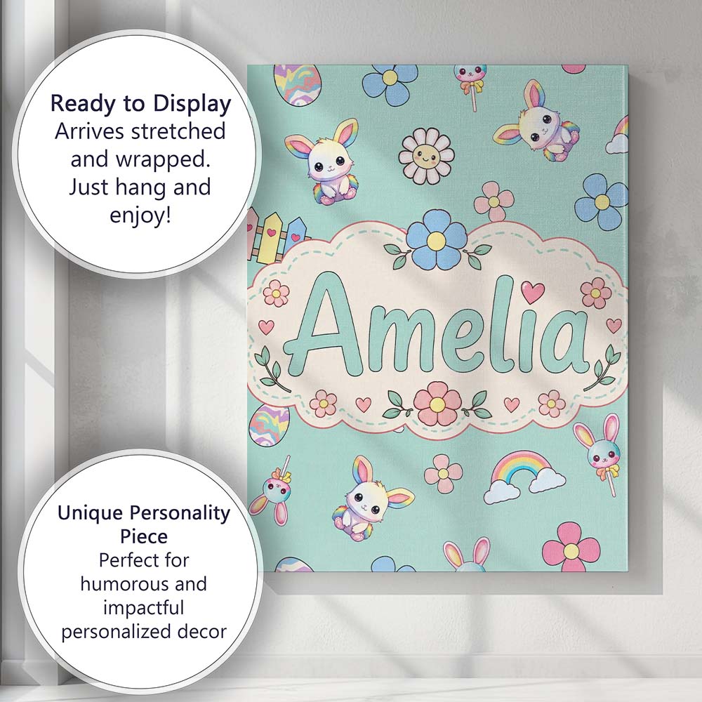 Personalised Name Cute Rainbow Bunny Flower Custom  Bespoke Interior Contemporary Canvas Wall Art Print Decor Picture Ready to Hang