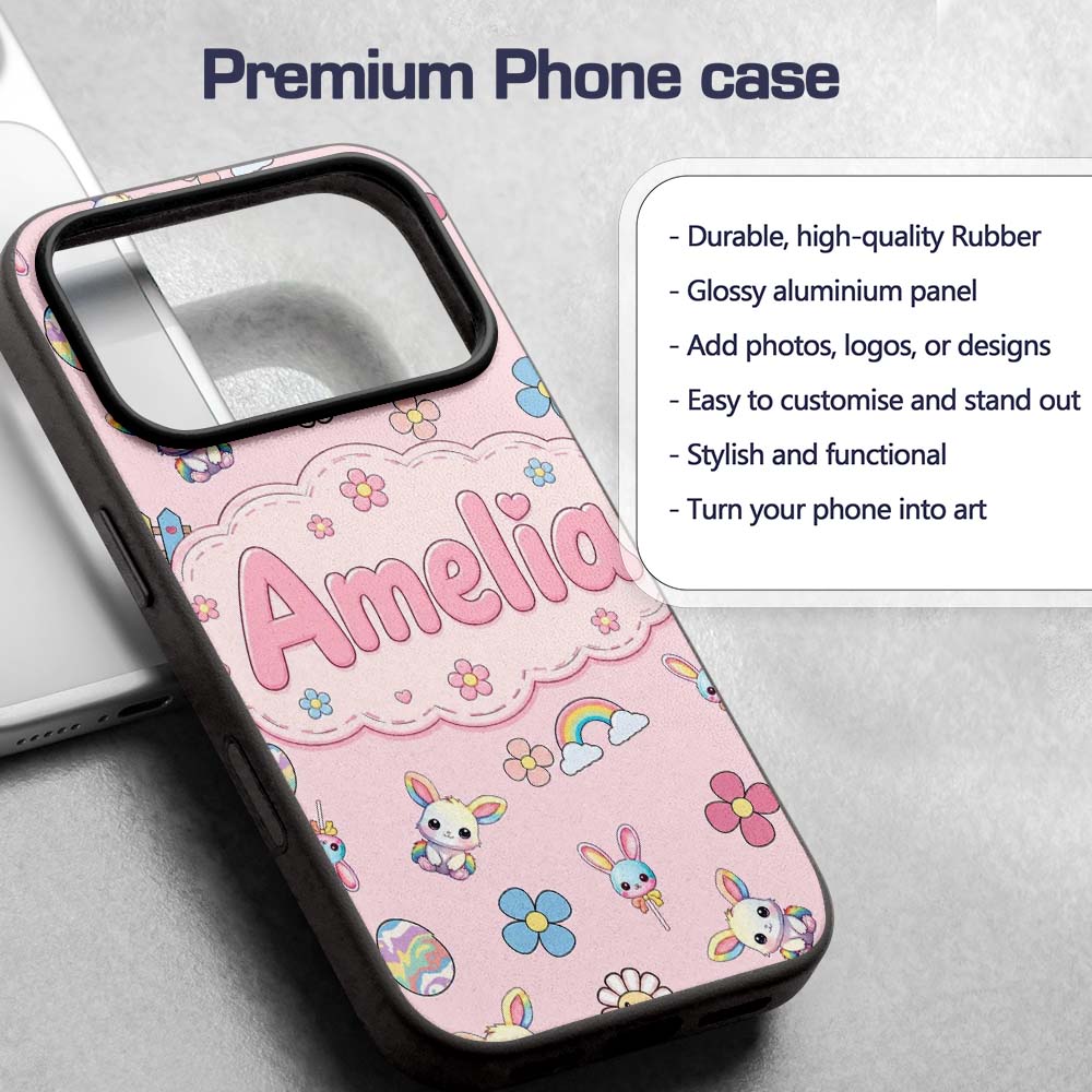 Cute Rainbow Bunny Flower Easter Egg Seamless Custom Name Protective Phone Case Mobile Cover Durable Everyday Smartphone Shock Resistant