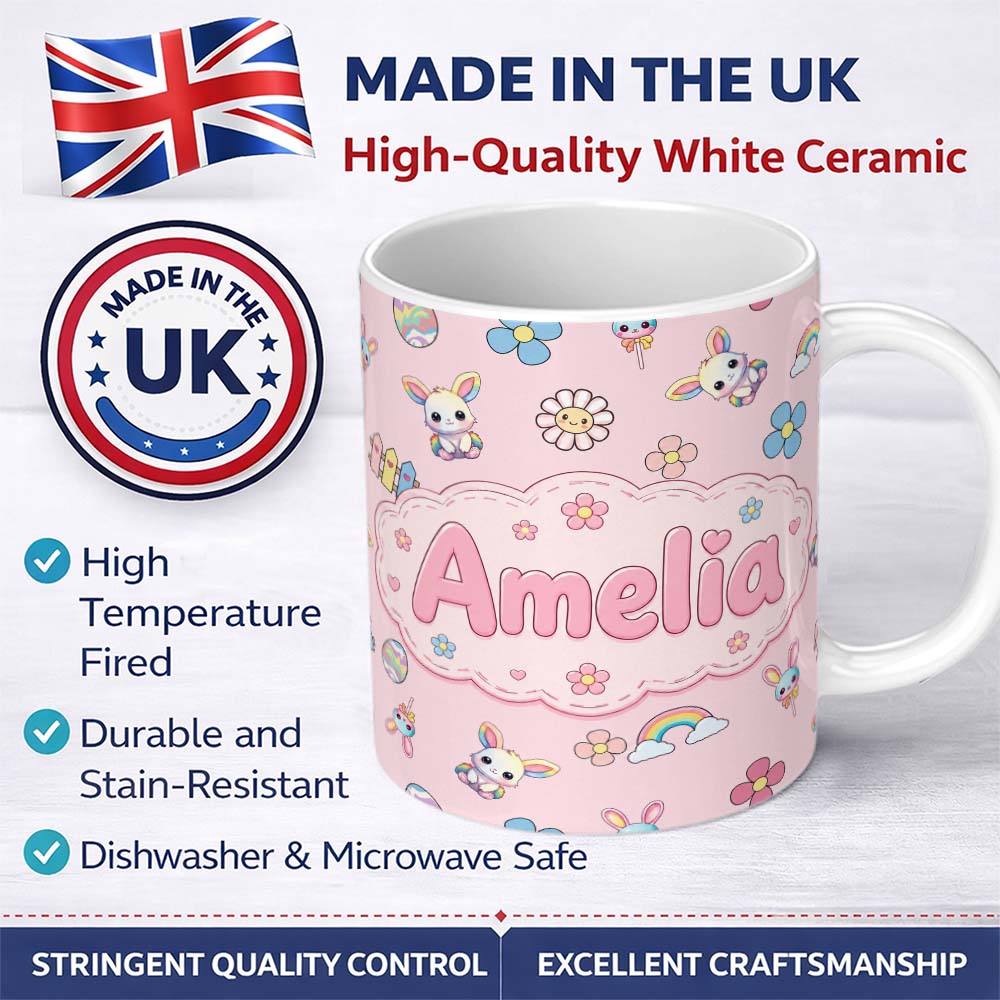 Personalized Custom Name Cute Rainbow Bunny Flower Easter Egg Seamless Pattern Blush Pink 11oz Ceramic Coffee Tea Mug White Large Handle