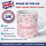 Personalized Custom Name Cute Rainbow Bunny Flower Easter Egg Seamless Pattern Blush Pink 11oz Ceramic Coffee Tea Mug White Large Handle