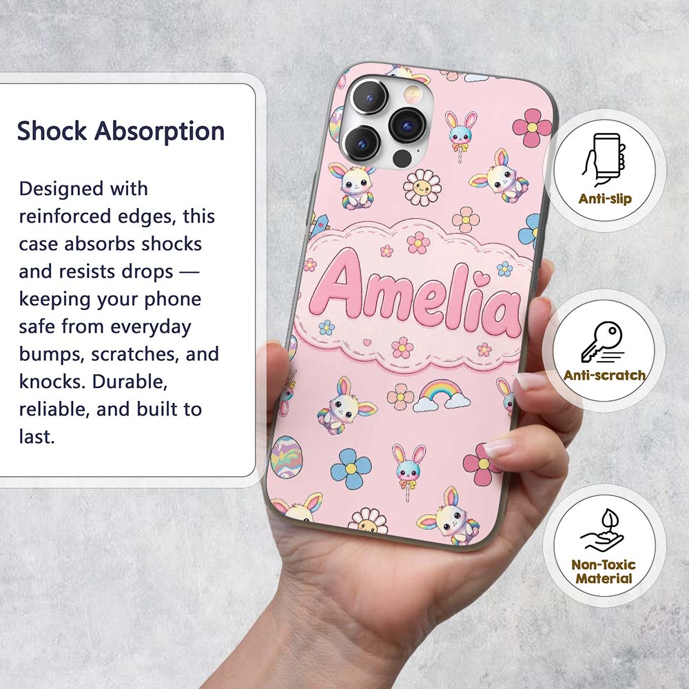 Cute Rainbow Bunny Flower Easter Egg Seamless Custom Name Protective Phone Case Mobile Cover Durable Everyday Smartphone Shock Resistant