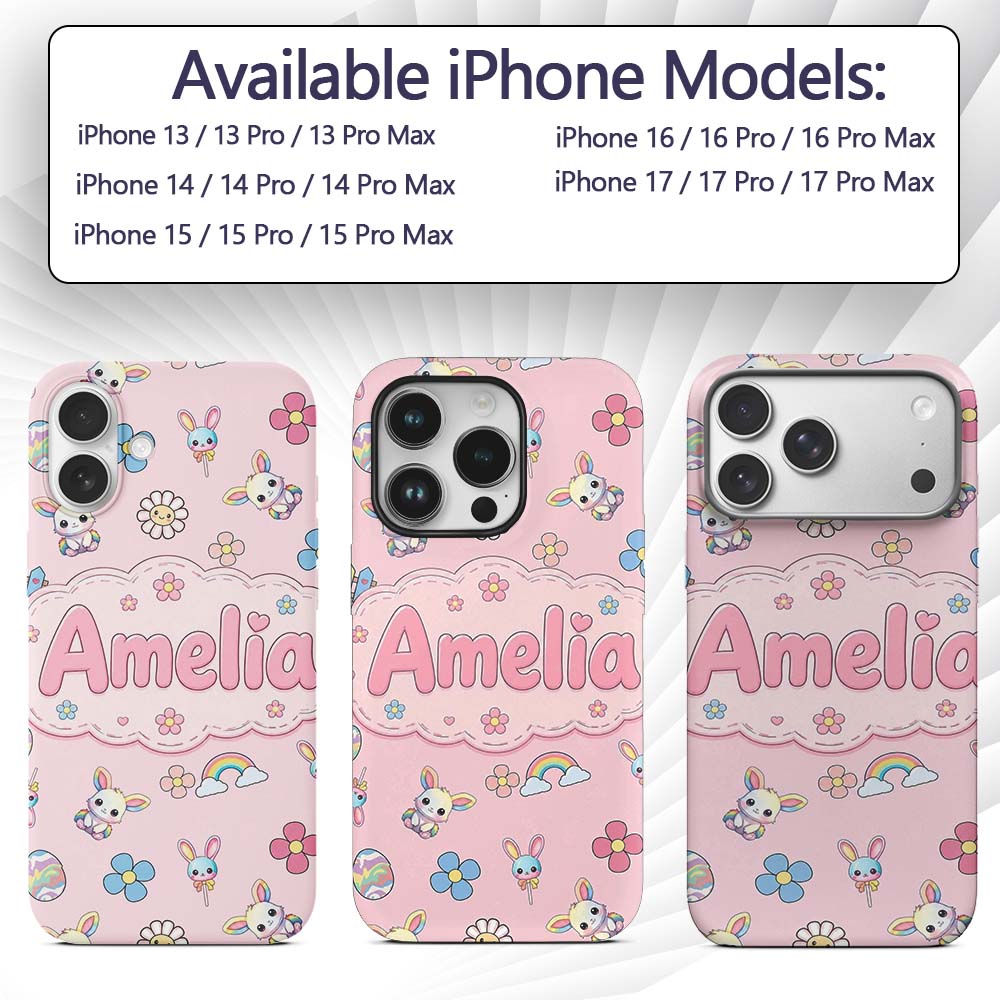 Cute Rainbow Bunny Flower Easter Egg Seamless Custom Name Protective Phone Case Mobile Cover Durable Everyday Smartphone Shock Resistant
