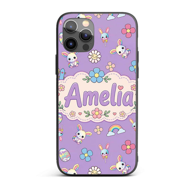 Cute Rainbow Bunny Flower Easter Egg Seamless Custom Name Protective Phone Case Mobile Cover Durable Everyday Smartphone Shock Resistant