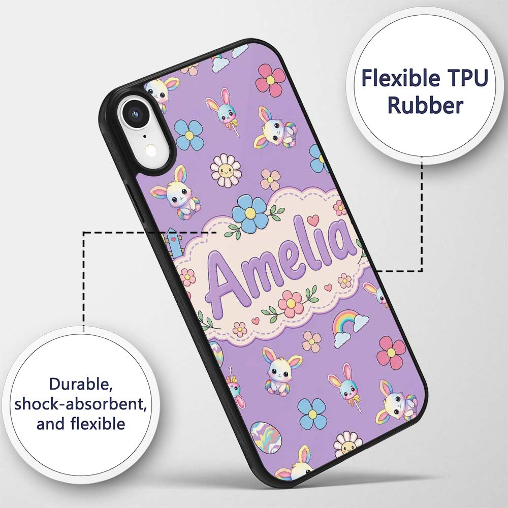 Cute Rainbow Bunny Flower Easter Egg Seamless Custom Name Protective Phone Case Mobile Cover Durable Everyday Smartphone Shock Resistant