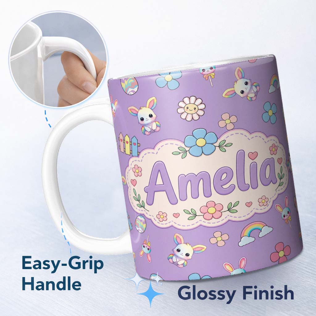 Personalized Custom Name Cute Rainbow Bunny Flower Easter Egg Seamless Pattern Purple 11oz Ceramic Coffee Tea Mug White Large Handle