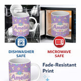 Personalized Custom Name Cute Rainbow Bunny Flower Easter Egg Seamless Pattern Purple 11oz Ceramic Coffee Tea Mug White Large Handle