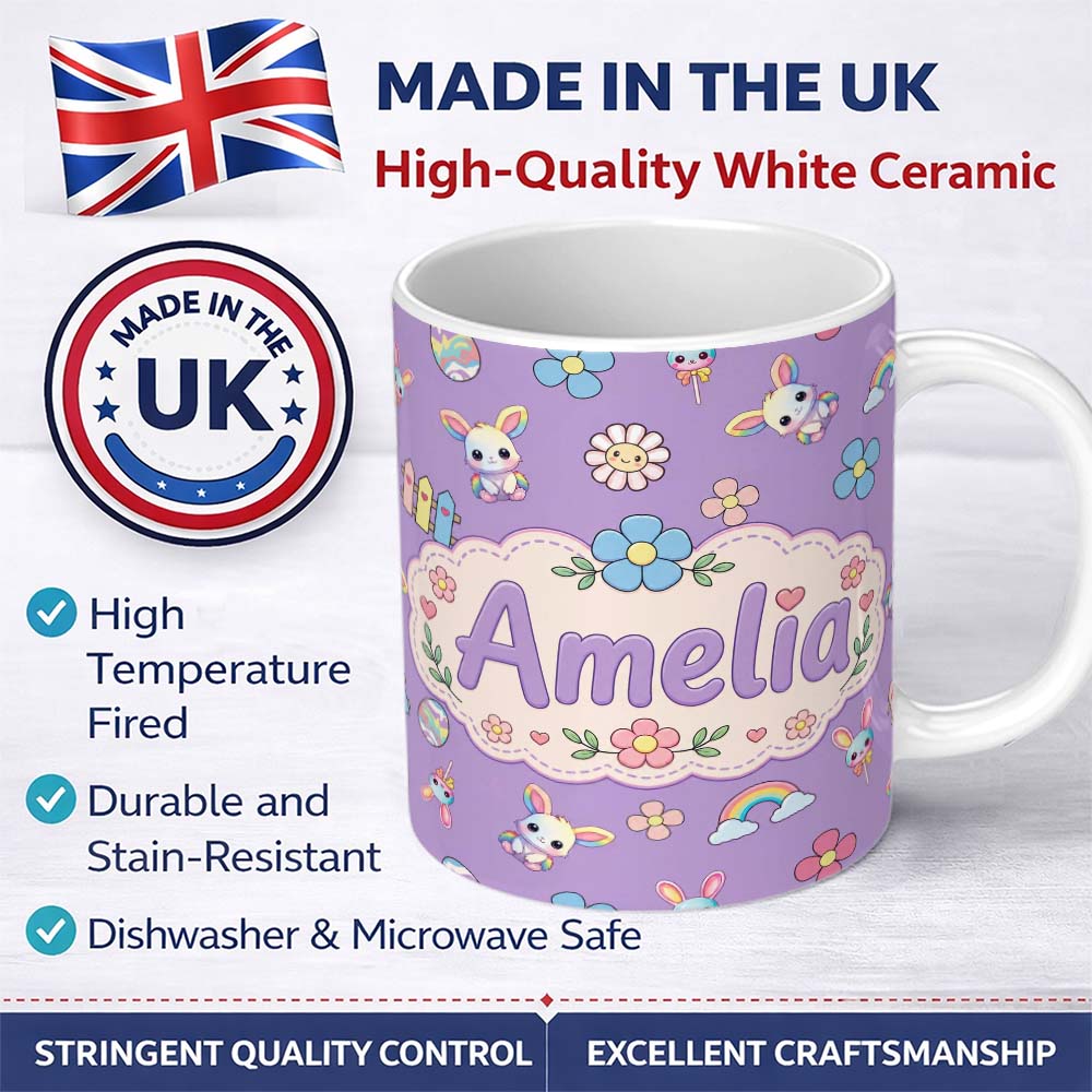 Personalized Custom Name Cute Rainbow Bunny Flower Easter Egg Seamless Pattern Purple 11oz Ceramic Coffee Tea Mug White Large Handle