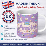 Personalized Custom Name Cute Rainbow Bunny Flower Easter Egg Seamless Pattern Purple 11oz Ceramic Coffee Tea Mug White Large Handle