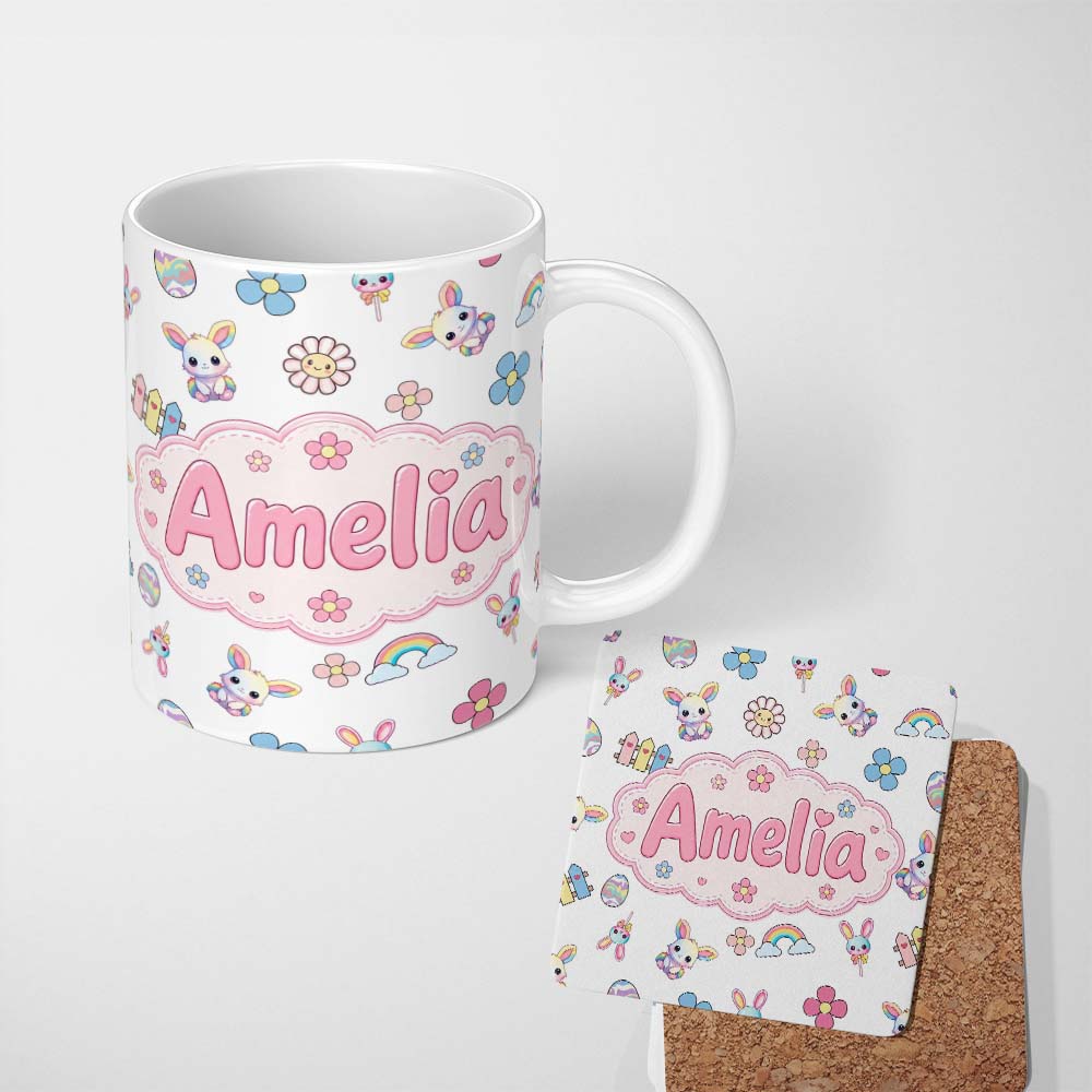Personalized Custom Name Cute Rainbow Bunny Flower Easter Egg Seamless Pattern Light Grey 11oz Ceramic Coffee Tea Mug White Large Handle