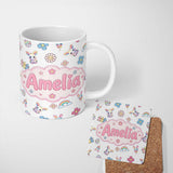 Personalized Custom Name Cute Rainbow Bunny Flower Easter Egg Seamless Pattern Light Grey 11oz Ceramic Coffee Tea Mug White Large Handle