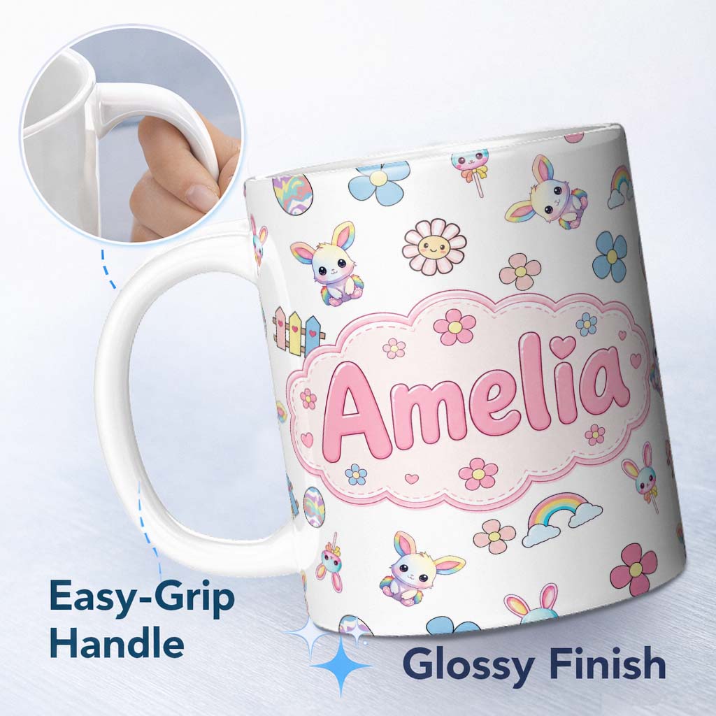 Personalized Custom Name Cute Rainbow Bunny Flower Easter Egg Seamless Pattern Light Grey 11oz Ceramic Coffee Tea Mug White Large Handle