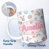 Personalized Custom Name Cute Rainbow Bunny Flower Easter Egg Seamless Pattern Light Grey 11oz Ceramic Coffee Tea Mug White Large Handle